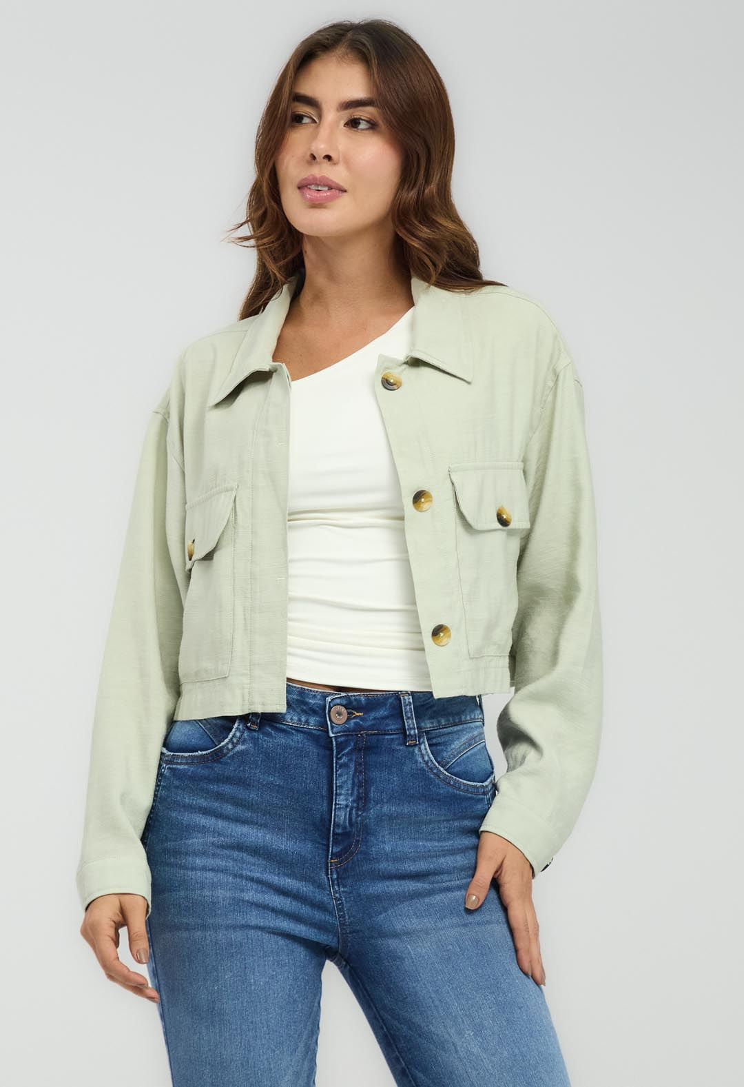Chaqueta eucalipto con botones para mujeres