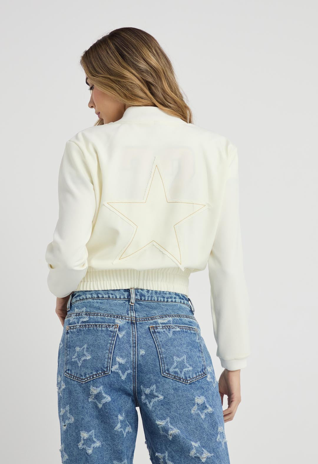 Chaqueta marfil con estrella en espalda para mujer