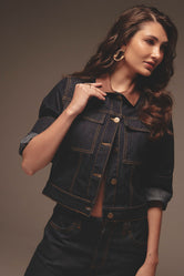 Chaqueta lavado oscuro con cuello camisero para mujer