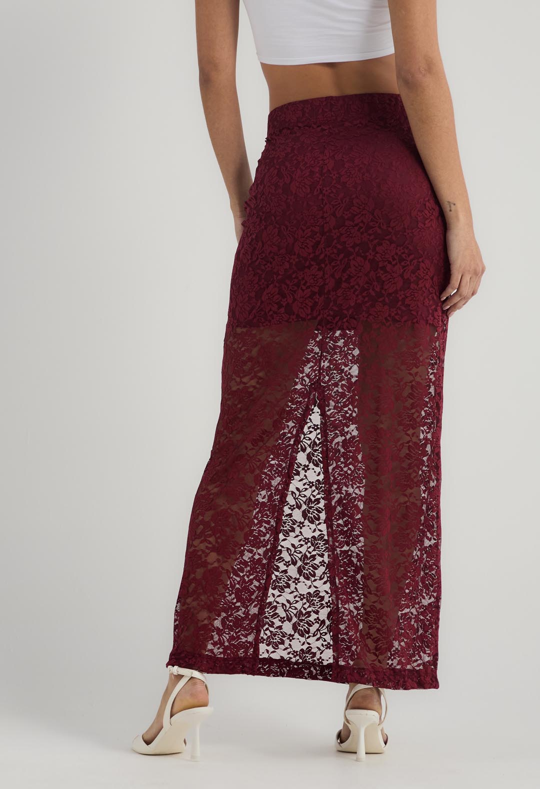 Falda larga vino en blonda para mujer