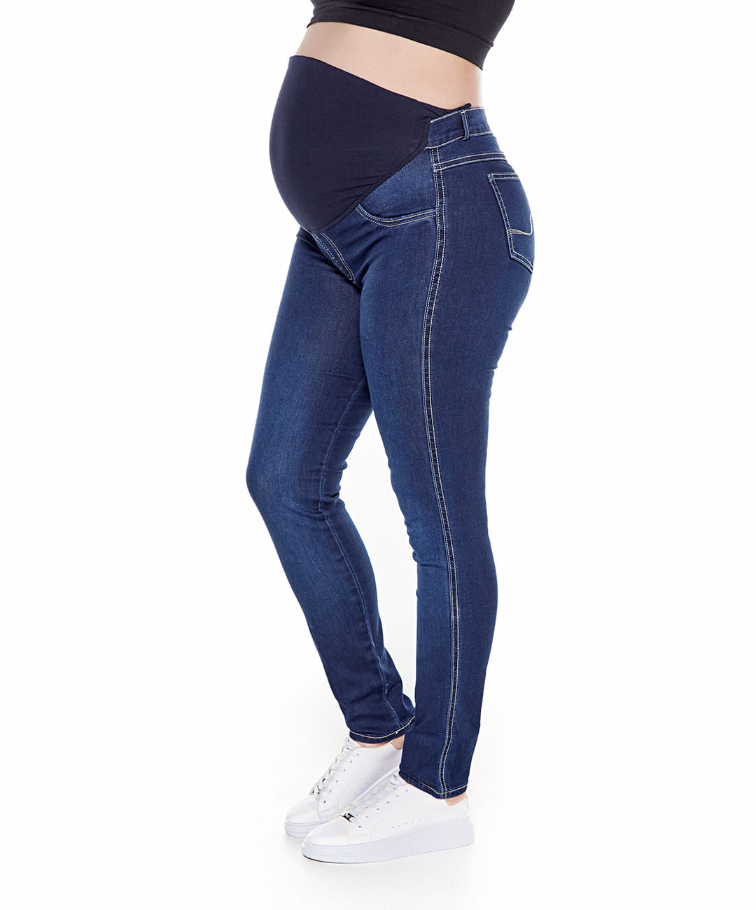 Jean materno medio oscuro tiro super alto para mujeres
