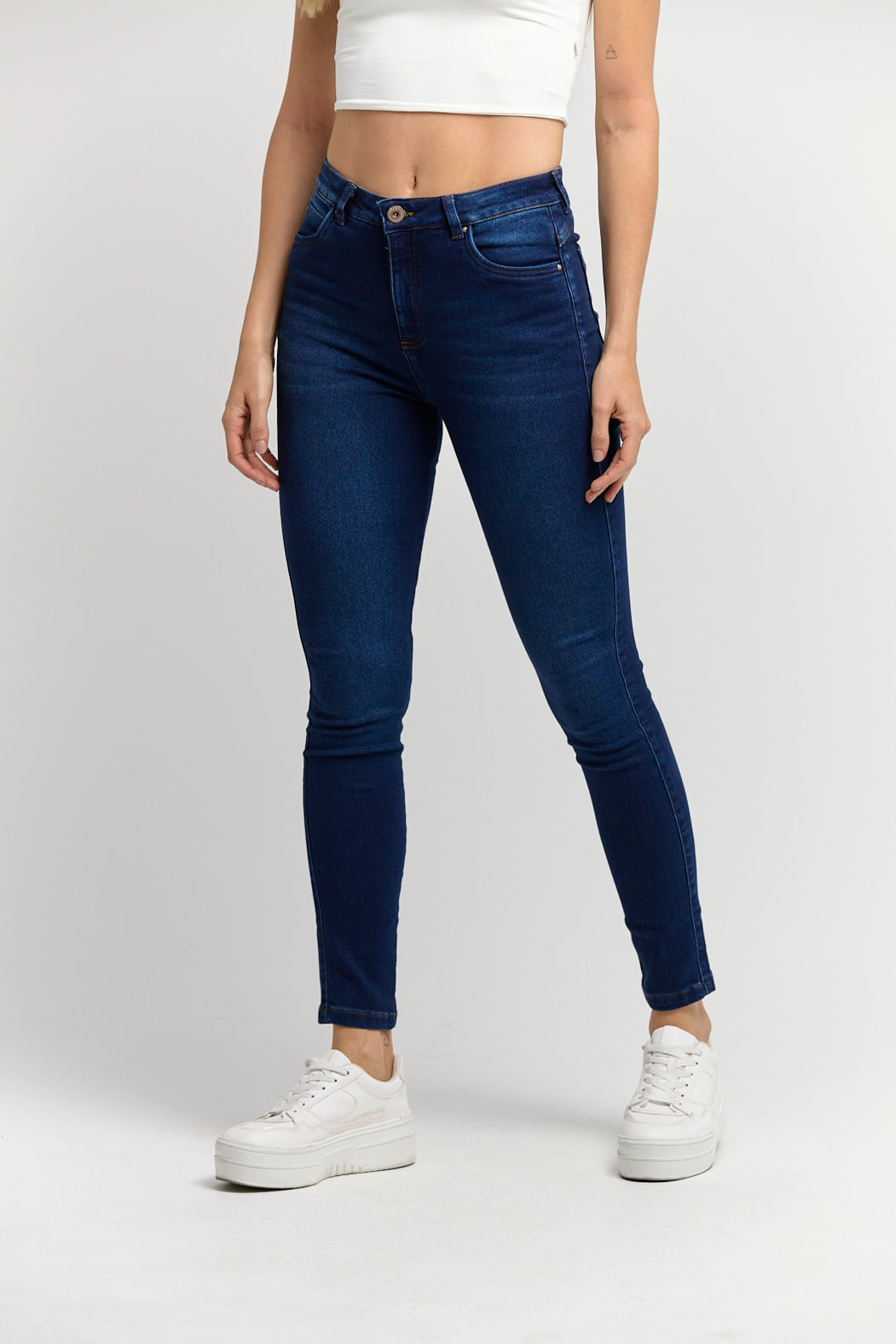 Jean elastik azul oscuro bota tubo para mujeres