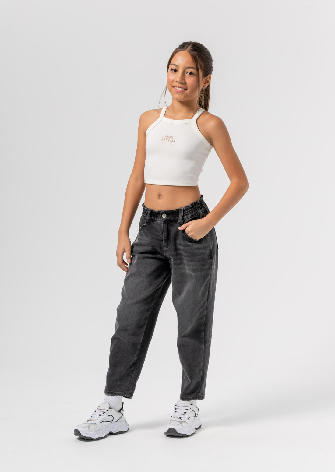 Jean mom jean negro pretina con elástico para niñas