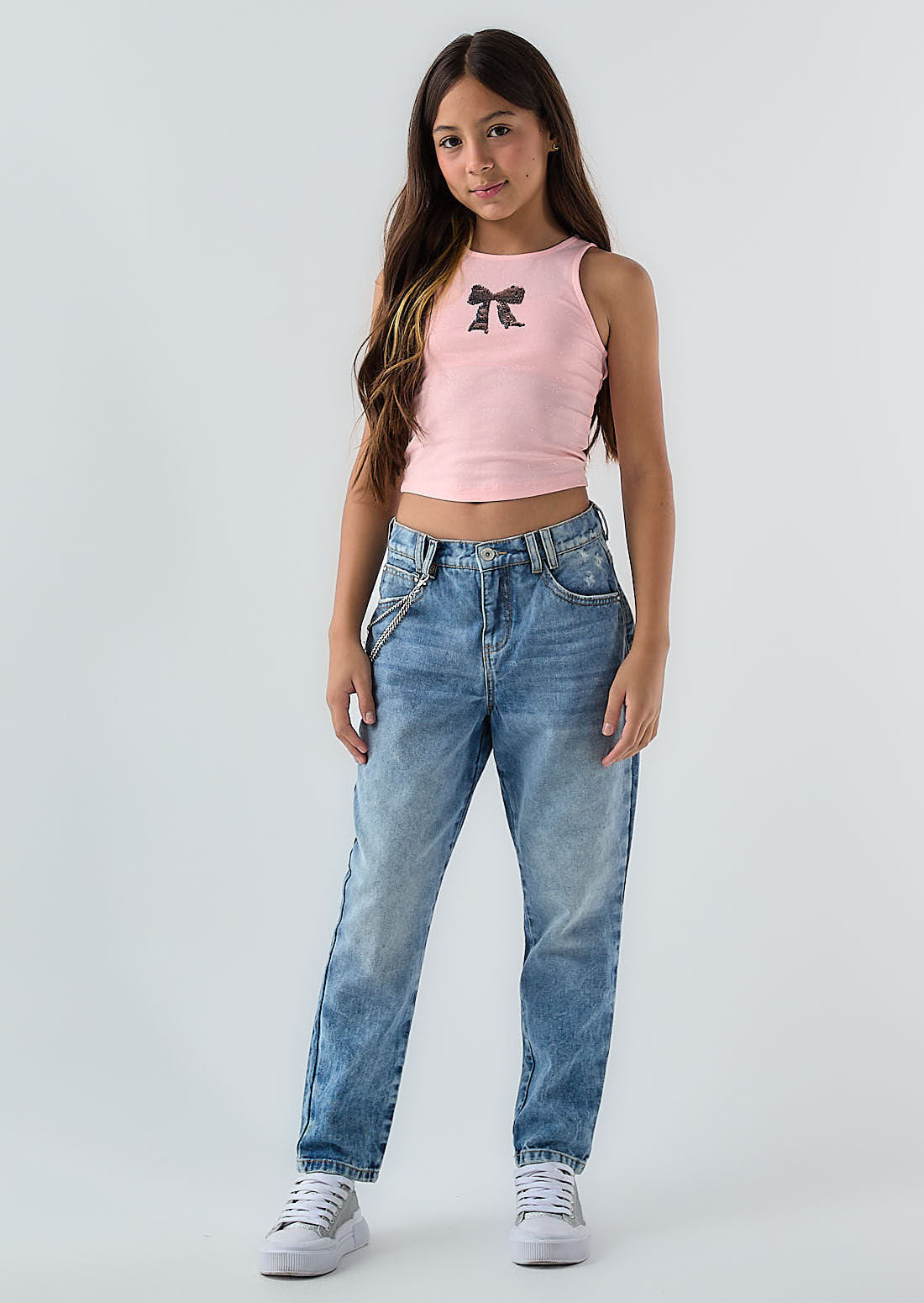 Jean mom jean medio con relojera para niñas