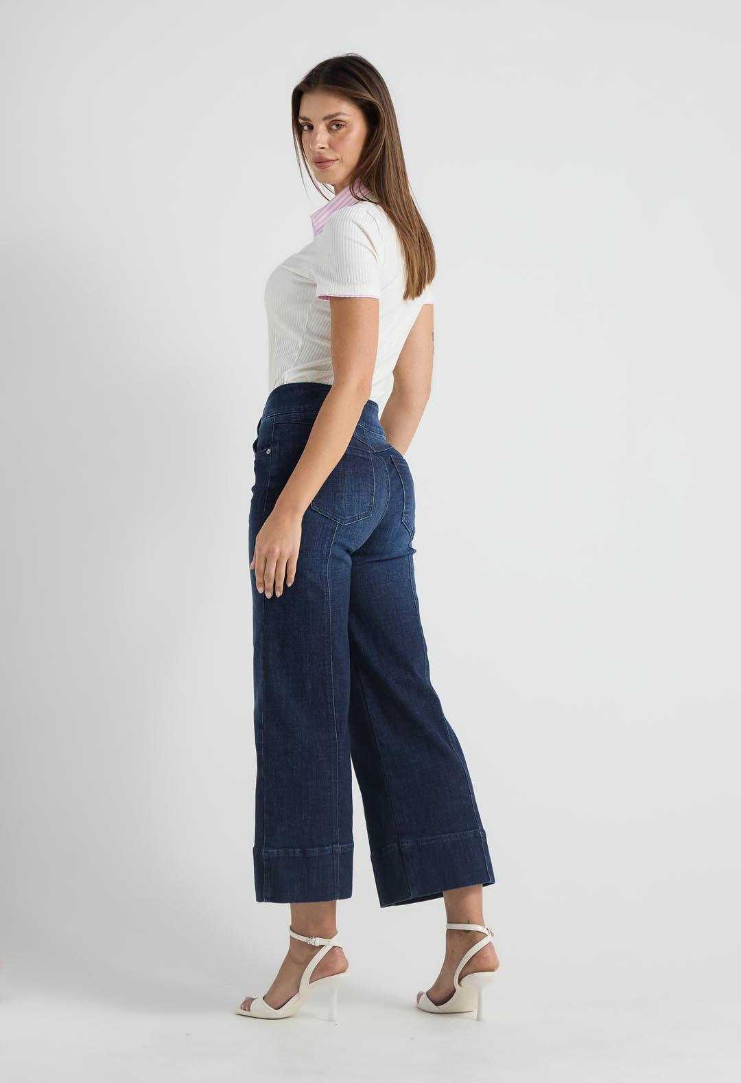 Jean culotte medio oscuro tiro alto para mujer
