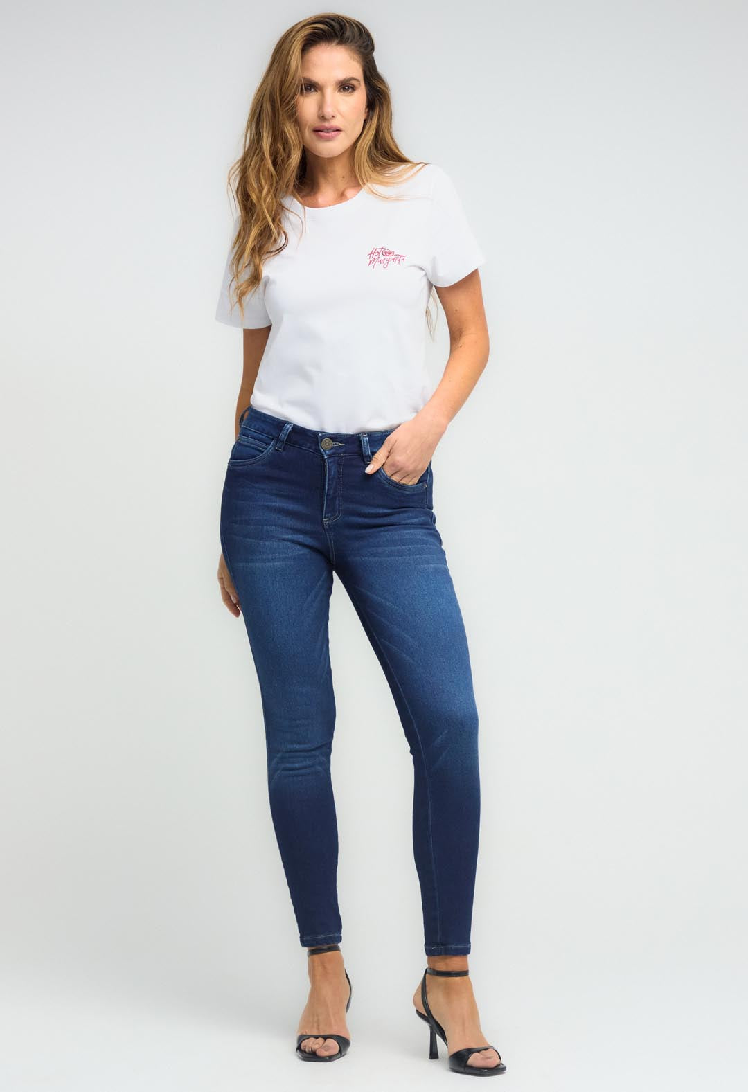Jean elastik medio oscuro tiro bajo para mujeres