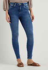 Jean elastik oscuro bota tubo para mujer