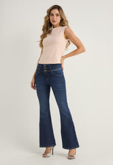 Jean escultor flare medio oscuro para mujer