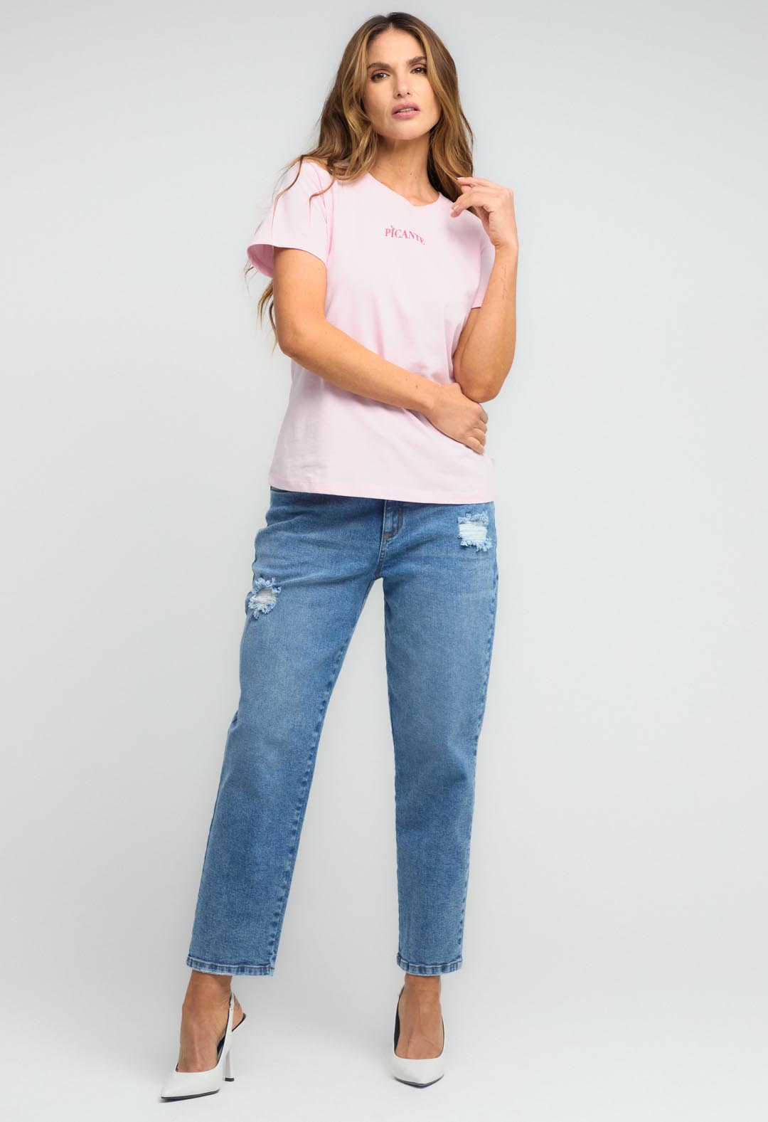 Jean mom jean medio con rotos para mujeres