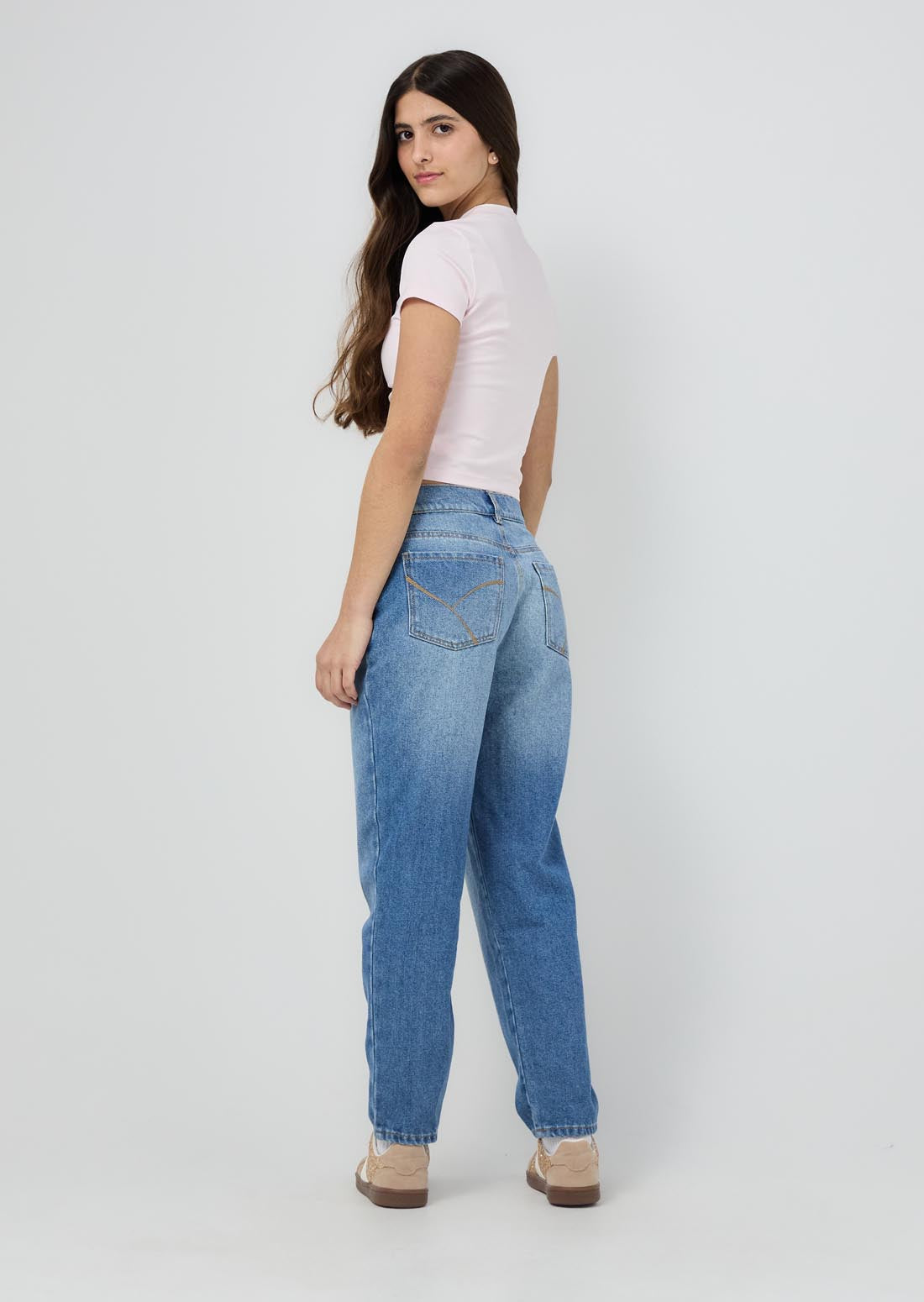 Jean mom jean lavado medio fondo entero para jóvenes