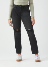Jean mom jean tono negro con rotos en rodilla para jóvenes