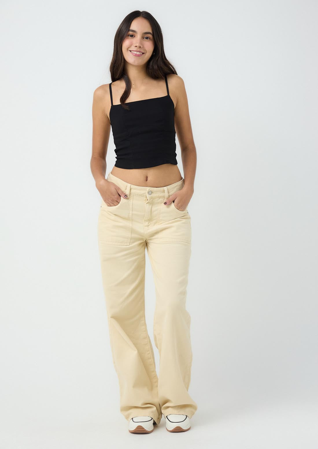 Jean retromom kaky tiro alto para jóvenes