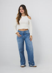 Jean retromom medio con desgastes en bota para jóvenes