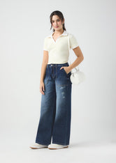 Jean retromom medio oscuro con bota recta para jóvenes