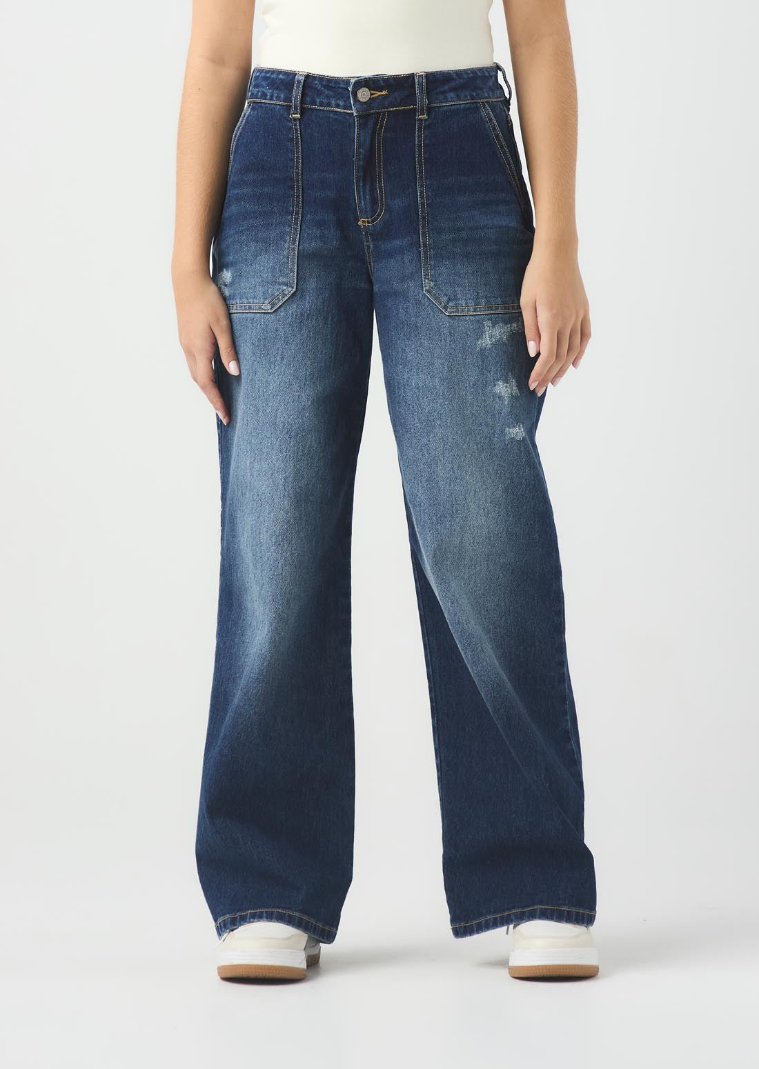 Jean retromom medio oscuro con bota recta para jóvenes