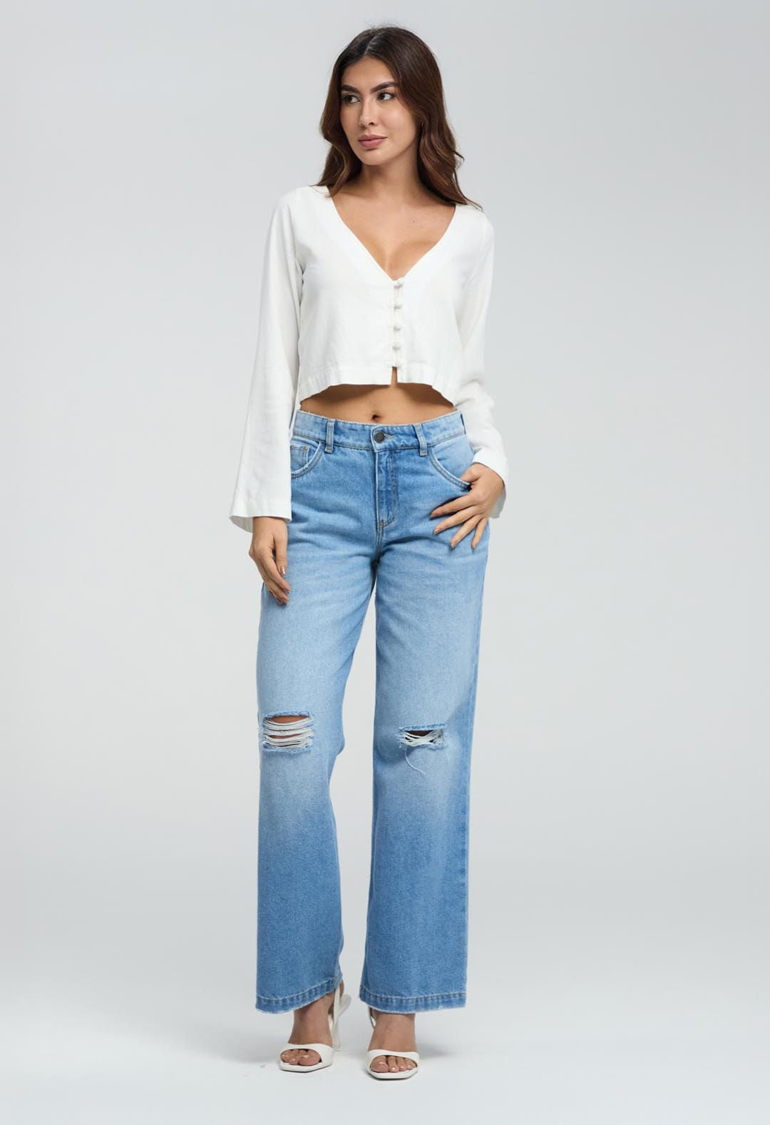 Jean retrojean claro con desgaste para mujeres