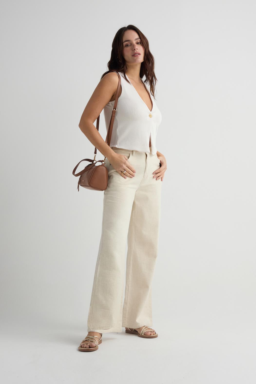 Pantalón retro marfil de tiro medio para mujer