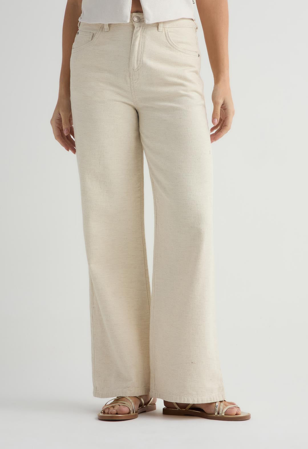 Pantalón retro marfil de tiro medio para mujer