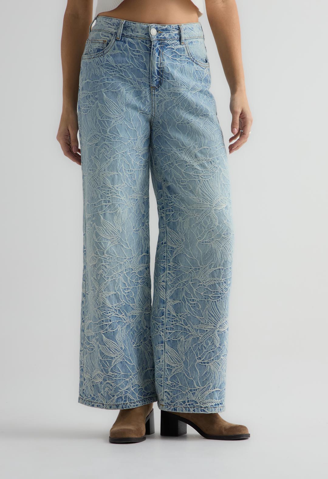 Jean retro medio tela con efecto bordado para mujer