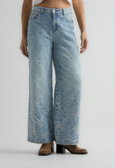 Jean retro medio tela con efecto bordado para mujer
