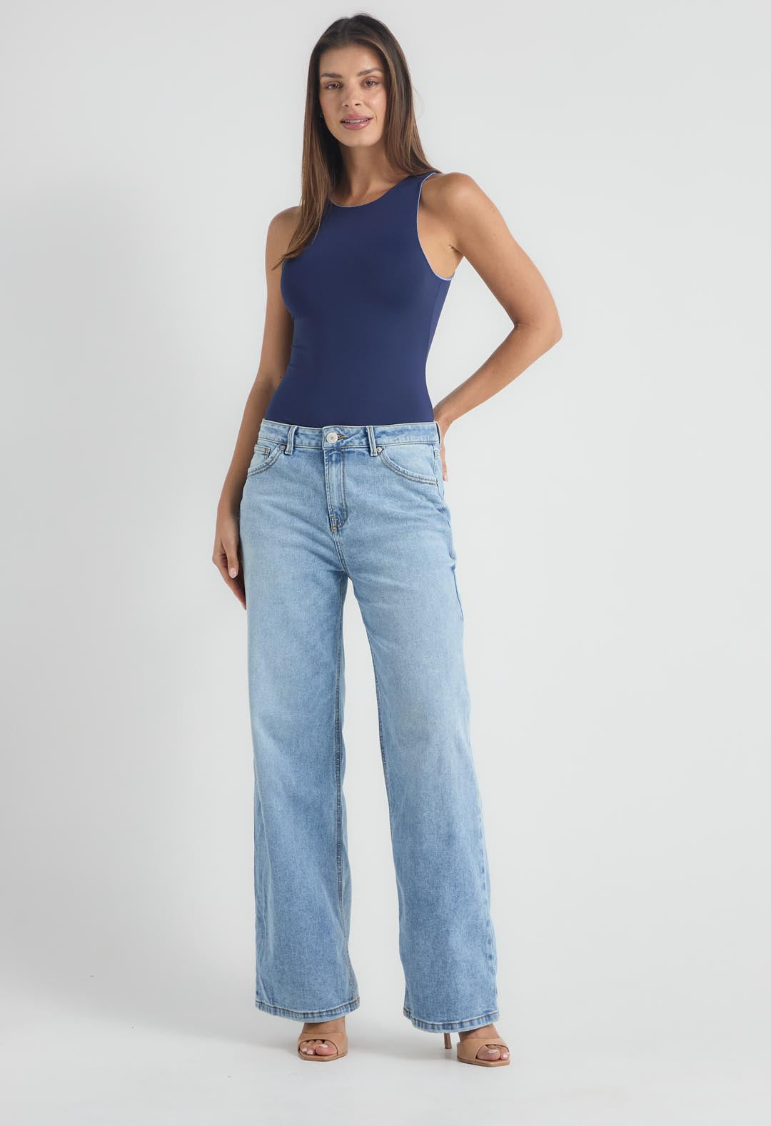 Jean retro claro tiro alto para mujeres