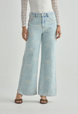 Jean retro lavado claro con detalle en tela para mujer