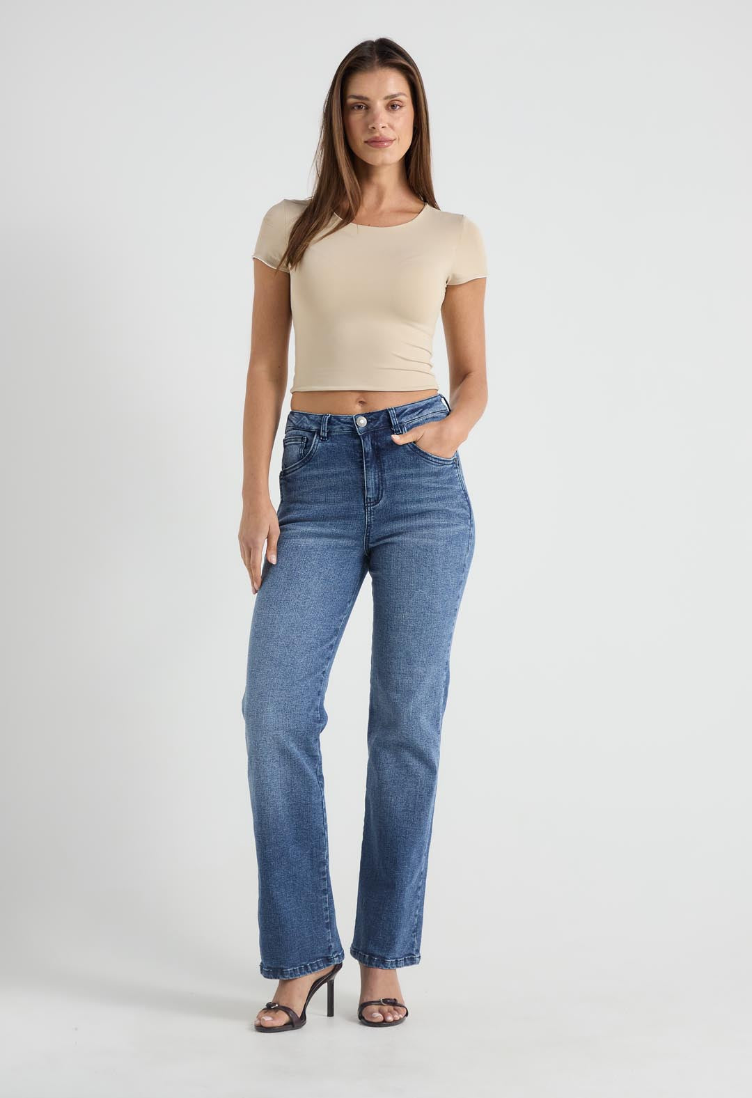 Jean vaquero medio oscuro tiro alto para mujer