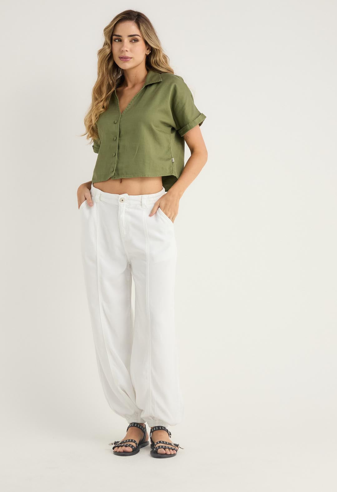 Jogger blanco con elástico en cintura para mujeres