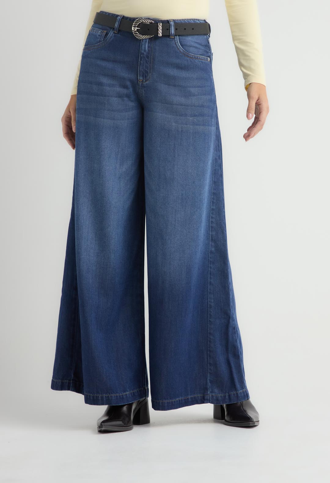 Jean palazzo tono oscuro bota amplia para mujer