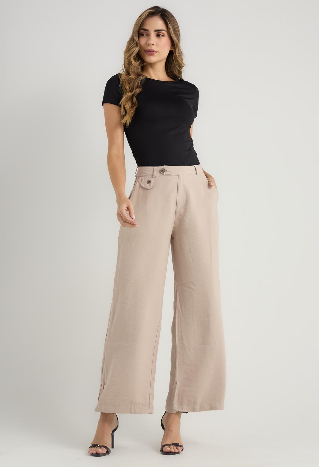 Pantalón taupe con pretina trasladada para mujeres