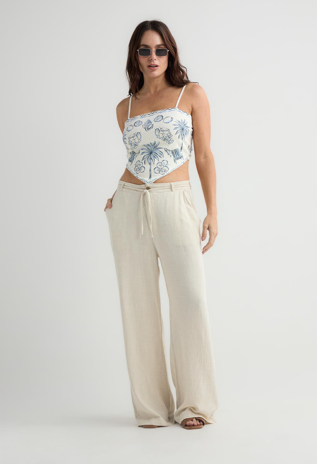 Pantalón arena con sesgos en cintura para mujer