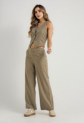 Pantalón taupe tiro alto a rayas para mujer