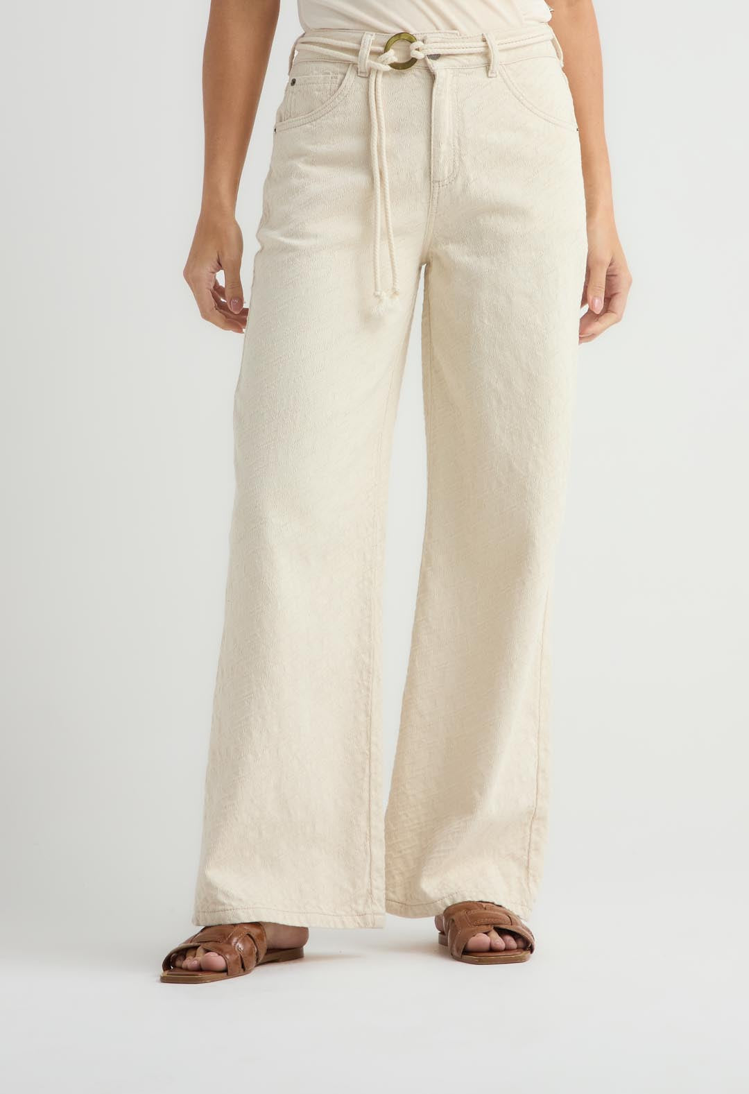 Jean retro marfil con cordón en la cintura para mujer