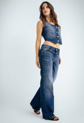 Jean retro tiro bajo tono medio para mujeres