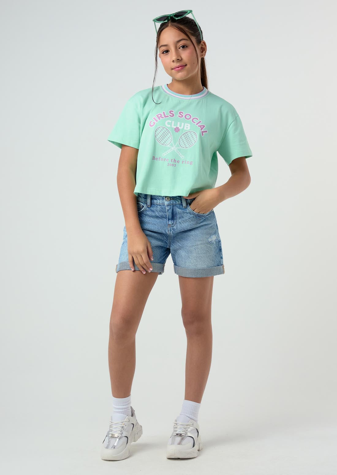 Short lavado medio tiro alto para adolescentes