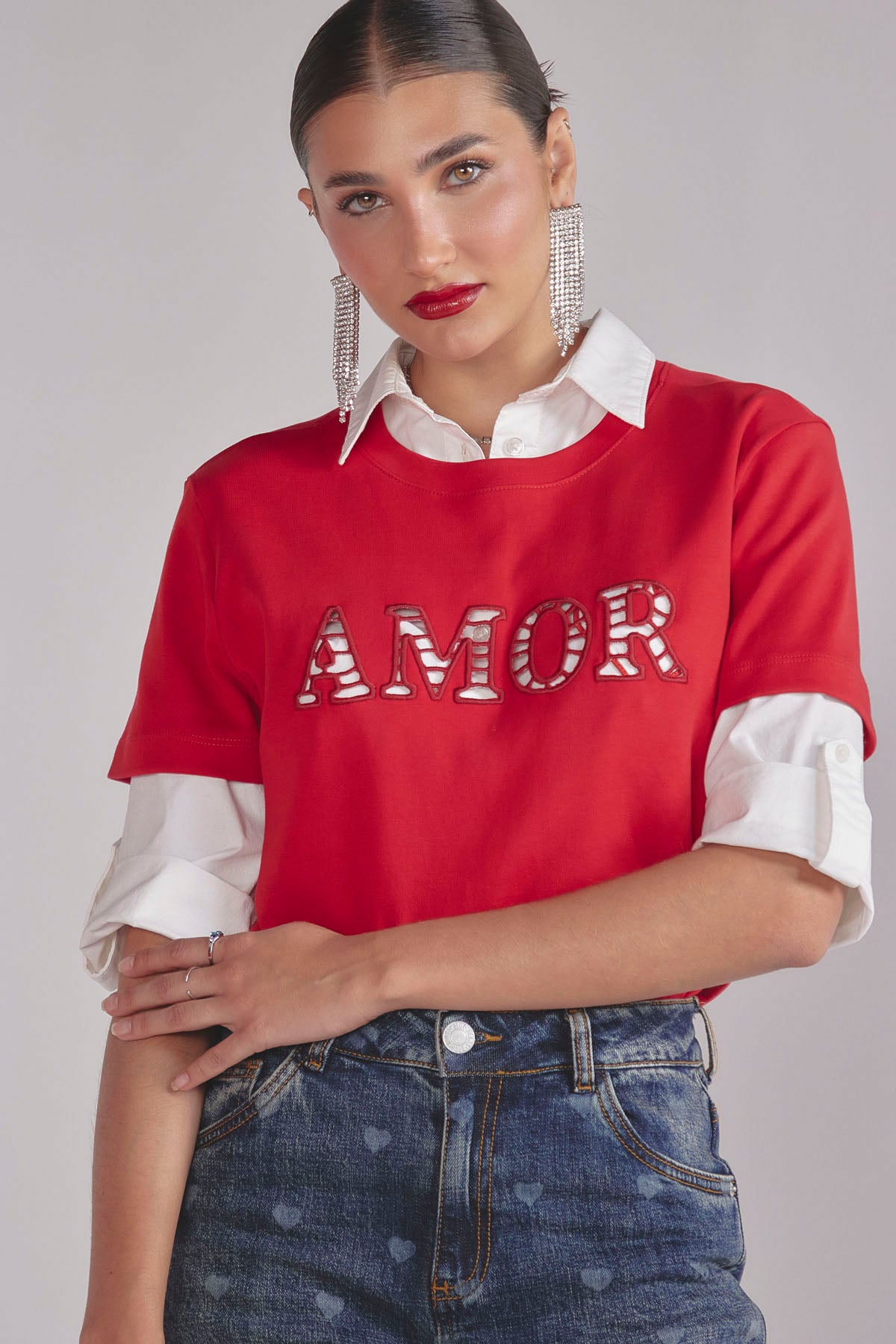 Camiseta roja estampada para mujer