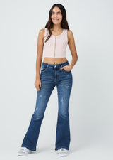 Jean tejano medio oscuro tiro alto para jóvenes