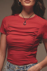 Top rojo con recogidos frente para mujer