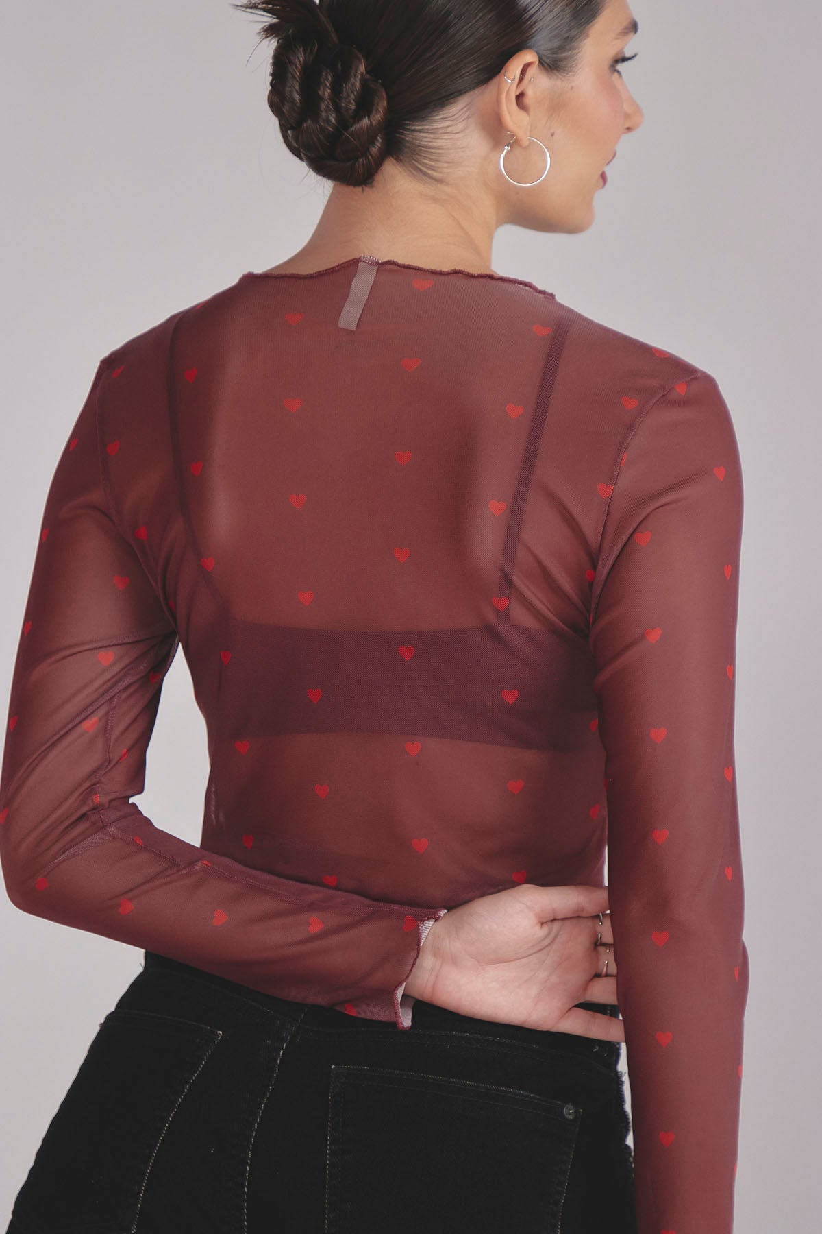 Top mesh vino tinto estampado para mujer