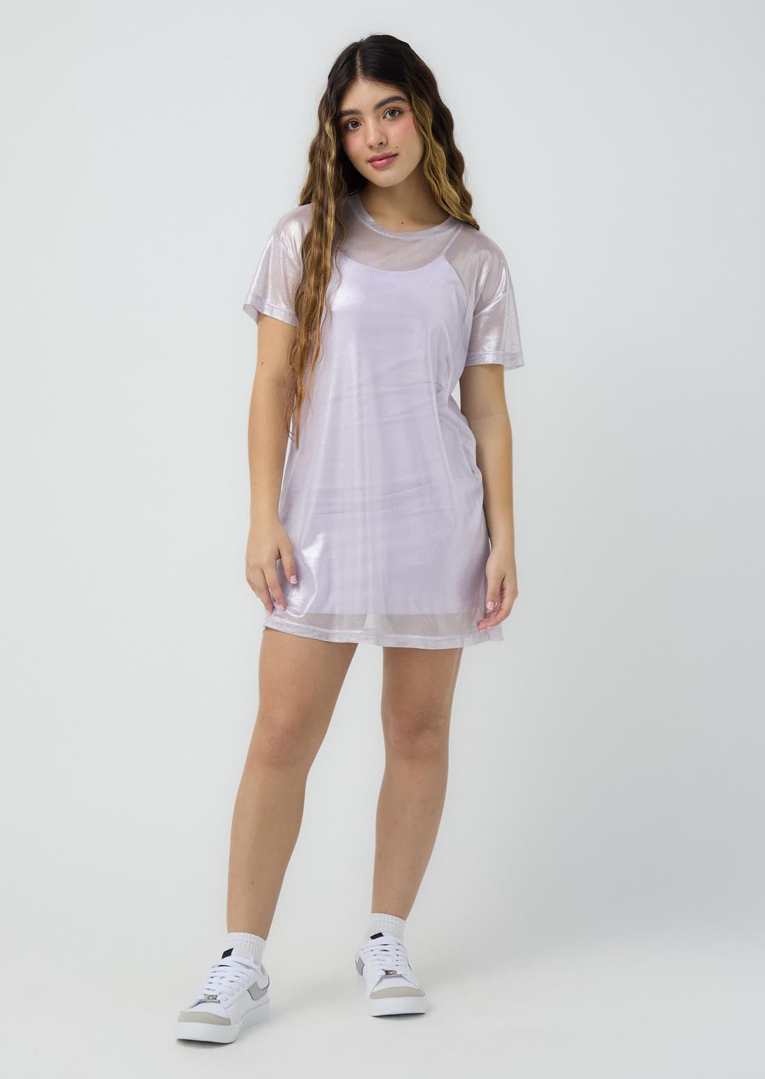 Vestido lila claro y doble prenda brillante para jóvenes